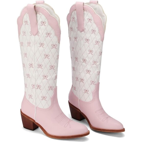 Women's Light Pink Knee High Embroidered Cowgirl Boots with Bow Chunky Heel Boot - Picture 6 of 6